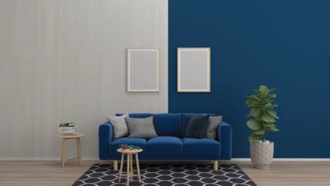 Salon d'un bel appartement dans un ton bleu gris